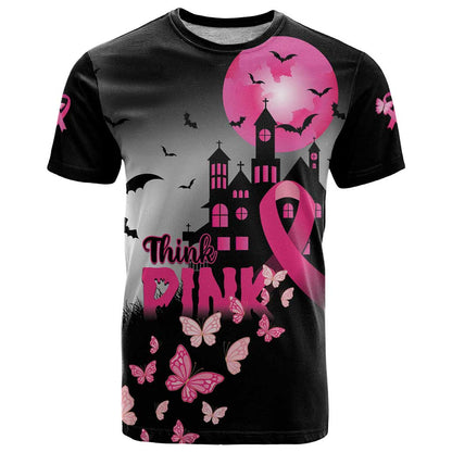 Personalized At Halloween We Think Pink T-Shirt Pink Ribbon Butterflies Graphic Tee
