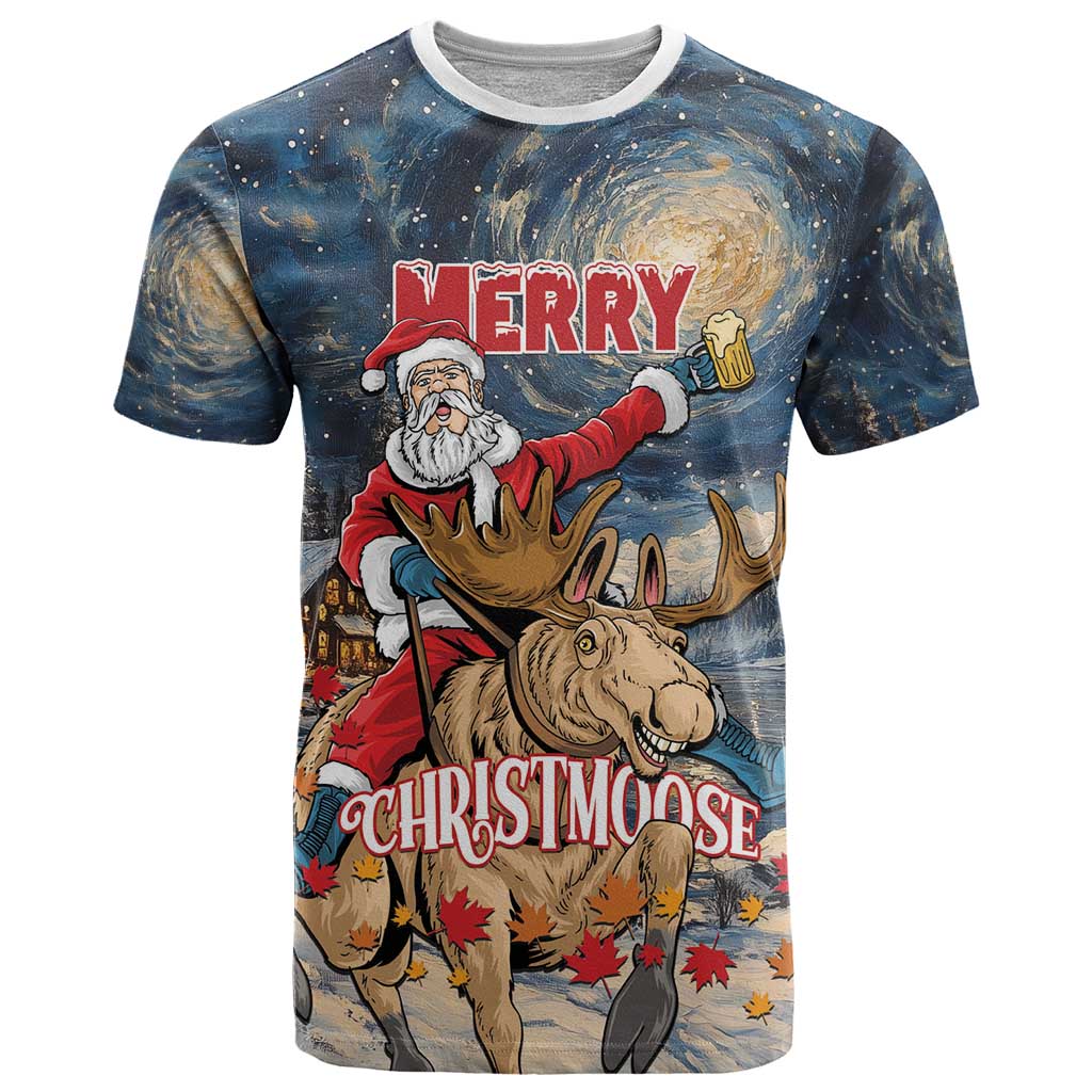 Personalized Merry Christmoose T-Shirt Santa Claus Riding Moose Starry Night Graphic Tee