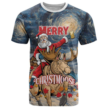 Personalized Merry Christmoose T-Shirt Santa Claus Riding Moose Starry Night Graphic Tee