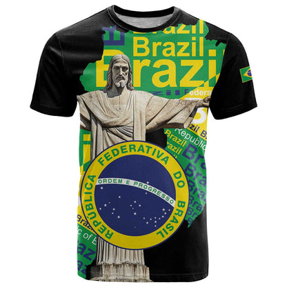 Personalized Brazil Christ the Redeemer T-Shirt Brasil Map Unique Stylized Graphic Tee
