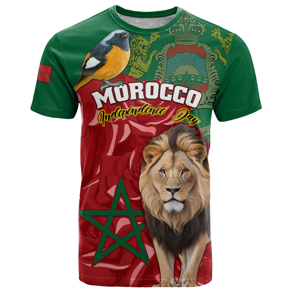 Morocco Independence Day T-Shirt Barbary Lion With Moussier Redstart Graphic Tee
