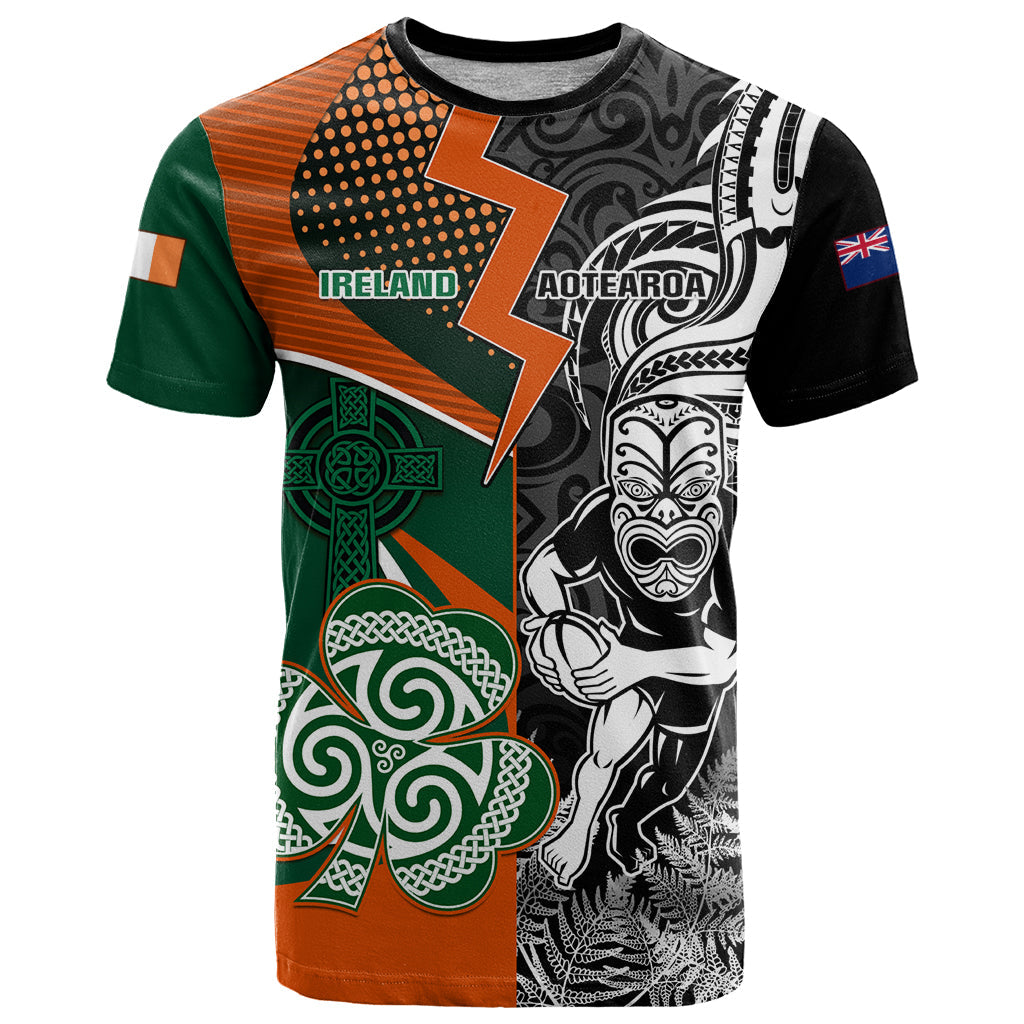 New Zealand and Ireland Rugby T-Shirt Silver Fern With Shamrock World Cup Graphic Tee