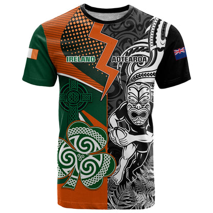 New Zealand and Ireland Rugby T-Shirt Silver Fern With Shamrock World Cup Graphic Tee