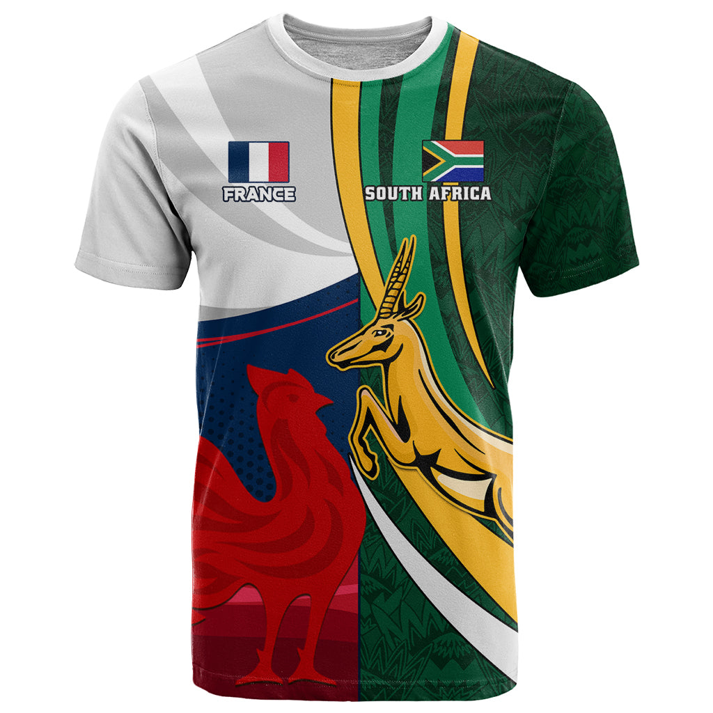 South Africa and France Rugby T-Shirt Springbok With Le XV de France World Cup Graphic Tee