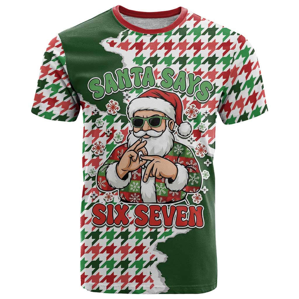 Funny Santa Claus Says Six Seven T-Shirt Christmas Houndstooth Pattern Graphic Tee