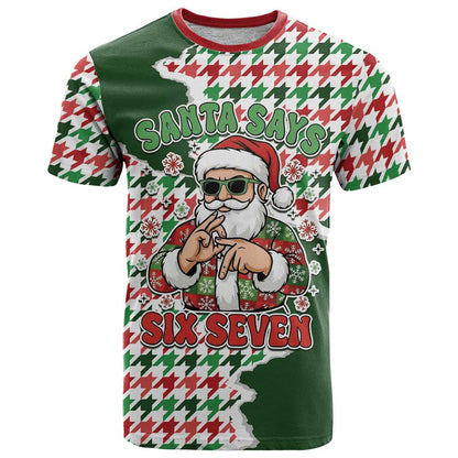 Funny Santa Claus Says Six Seven T-Shirt Christmas Houndstooth Pattern Graphic Tee