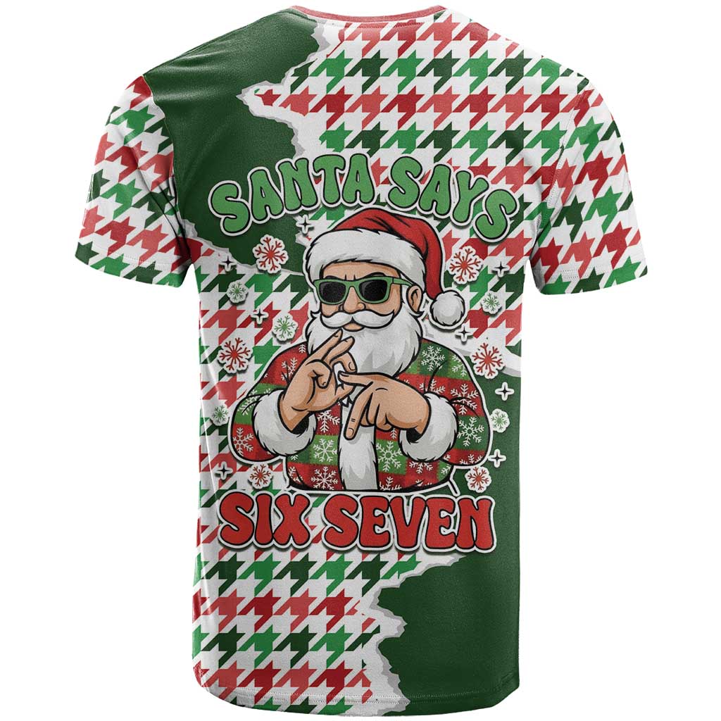 Funny Santa Claus Says Six Seven T-Shirt Christmas Houndstooth Pattern Graphic Tee