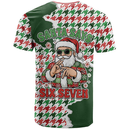 Funny Santa Claus Says Six Seven T-Shirt Christmas Houndstooth Pattern Graphic Tee