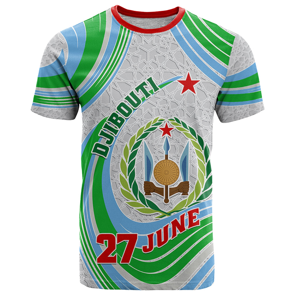 Custom 27 June Djibouti Independence Day T-Shirt Jabuuti Emblem Mix Islamic Pattern Graphic Tee