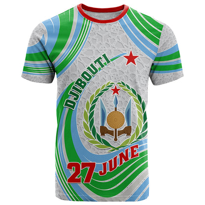 Custom 27 June Djibouti Independence Day T-Shirt Jabuuti Emblem Mix Islamic Pattern Graphic Tee