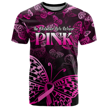 Personalised In October We Wear Pink T-Shirt Breast Cancer Awareness Graphic Tee