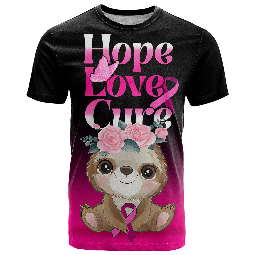 Personalised Hope Love Cure T-Shirt Sloth Breast Cancer Awareness Graphic Tee