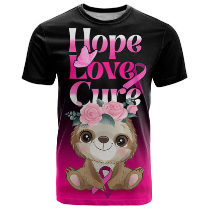 Personalised Hope Love Cure T-Shirt Sloth Breast Cancer Awareness Graphic Tee