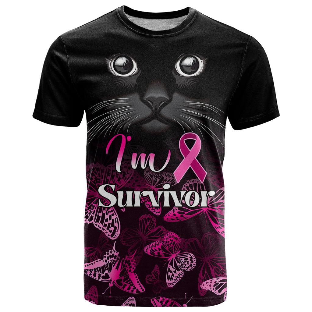 Personalised I Am A Survivor T-Shirt Black Cat Breast Cancer Awareness Graphic Tee
