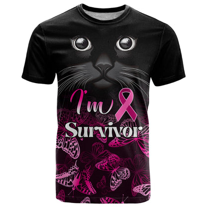 Personalised I Am A Survivor T-Shirt Black Cat Breast Cancer Awareness Graphic Tee