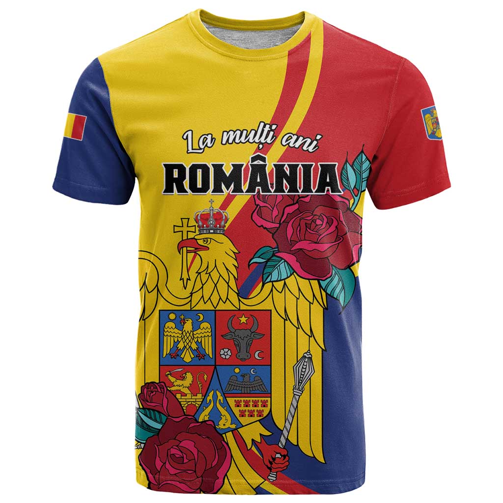 Personalized Romania Independence Day T-Shirt Golden Eagle With Roses Graphic Tee