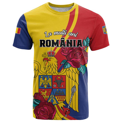 Personalized Romania Independence Day T-Shirt Golden Eagle With Roses Graphic Tee
