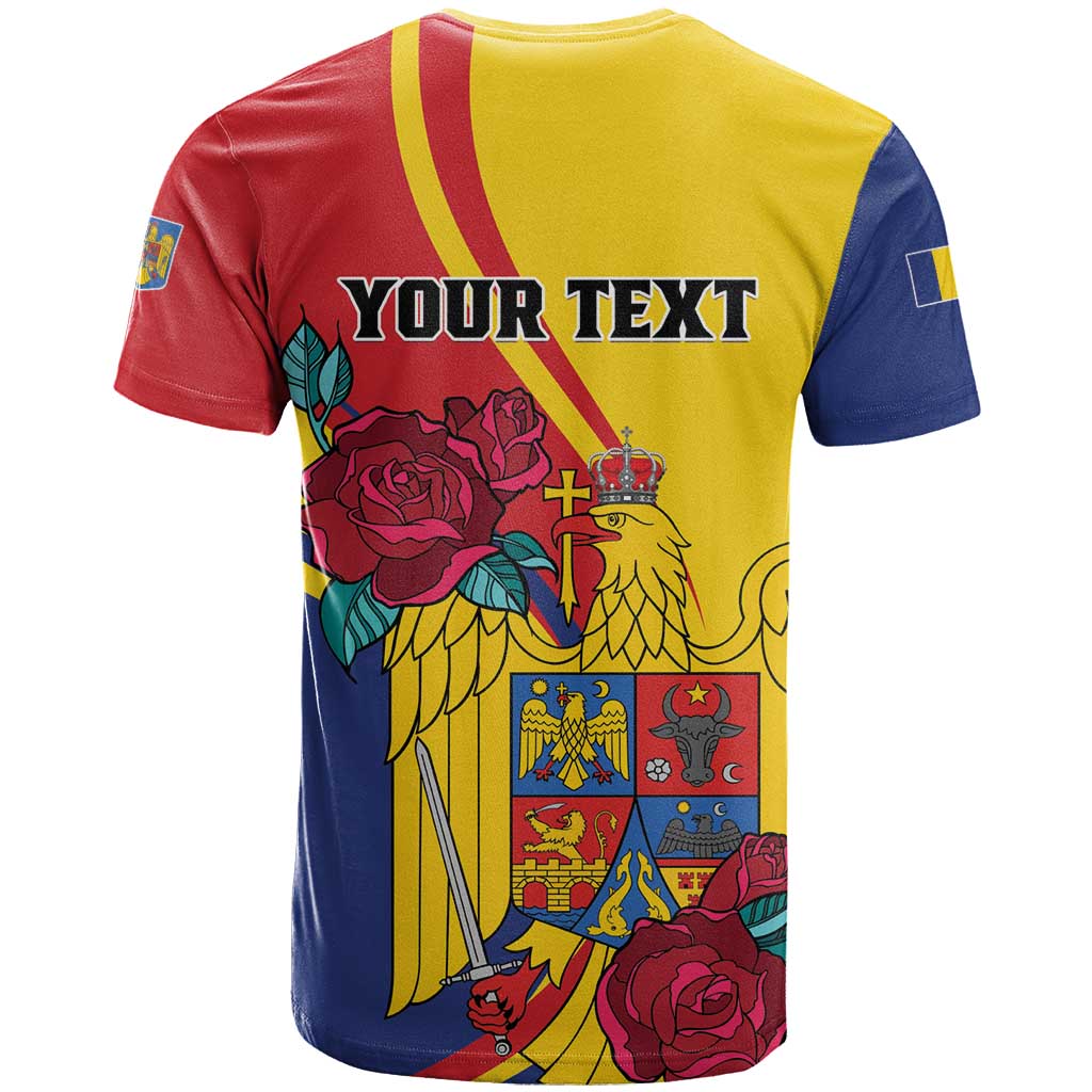 Personalized Romania Independence Day T-Shirt Golden Eagle With Roses Graphic Tee