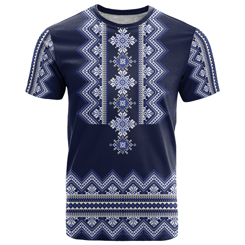 Ukraine Folk Pattern T-Shirt Ukrainian Navy Blue Version Graphic Tee