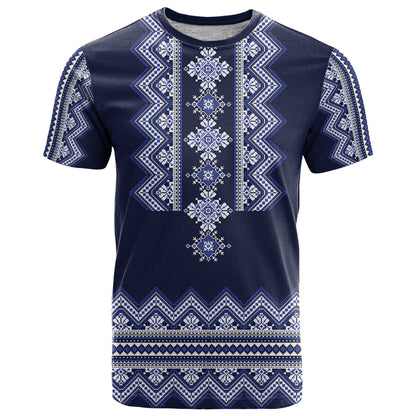 Ukraine Folk Pattern T-Shirt Ukrainian Navy Blue Version Graphic Tee