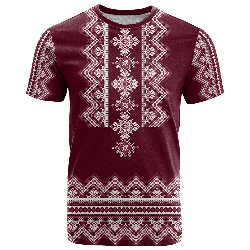 Ukraine Folk Pattern T-Shirt Ukrainian Wine Red Version Graphic Tee