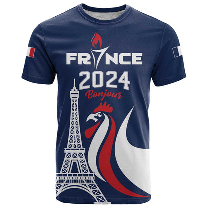 Personalized France 2024 Bonjour T-Shirt Eiffel Tower Gallic Rooster Graphic Tee