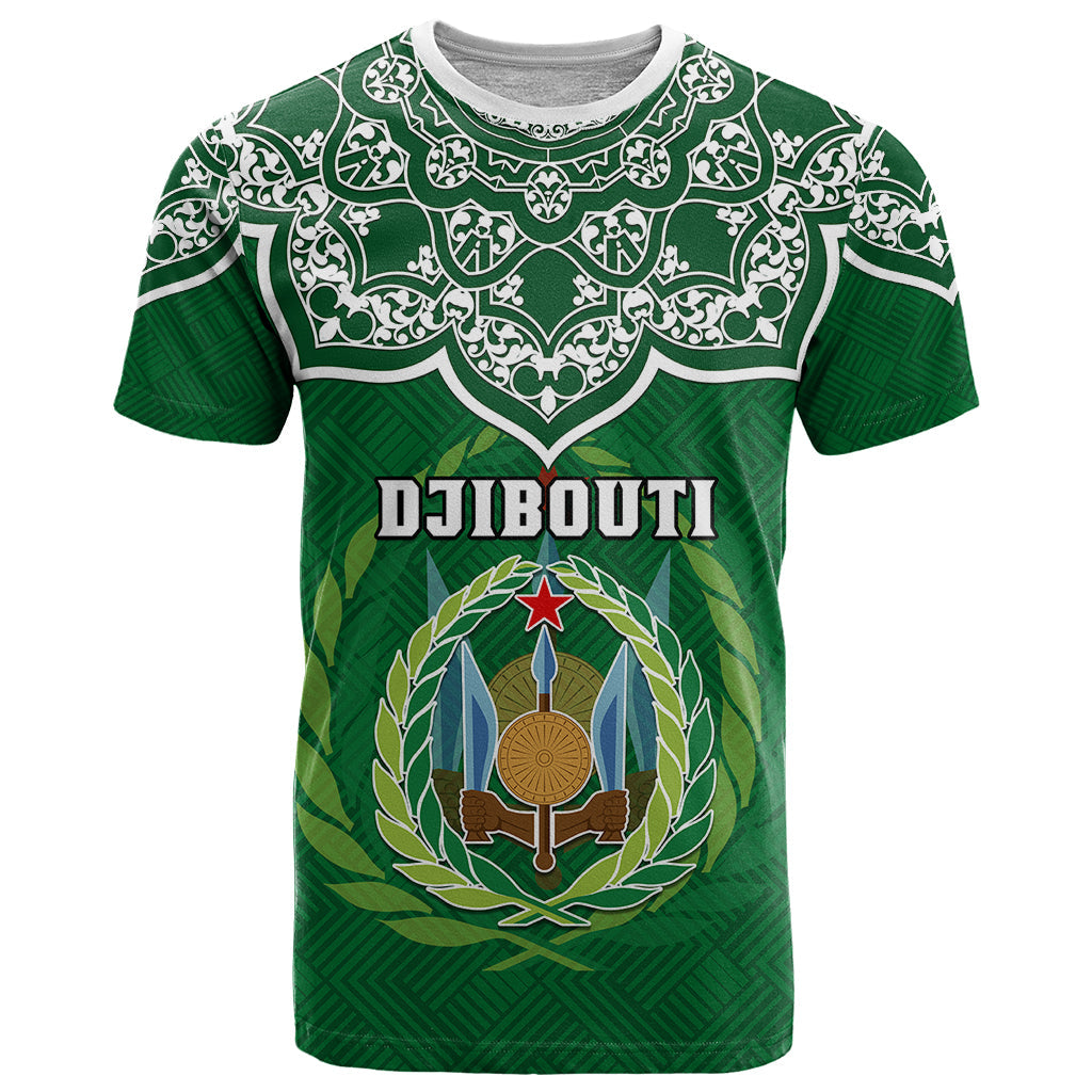 Custom Djibouti T-Shirt Jabuuti Emblem With Islamic Floral Circle Graphic Tee