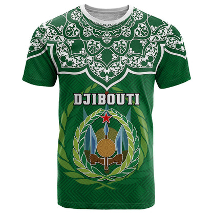 Custom Djibouti T-Shirt Jabuuti Emblem With Islamic Floral Circle Graphic Tee