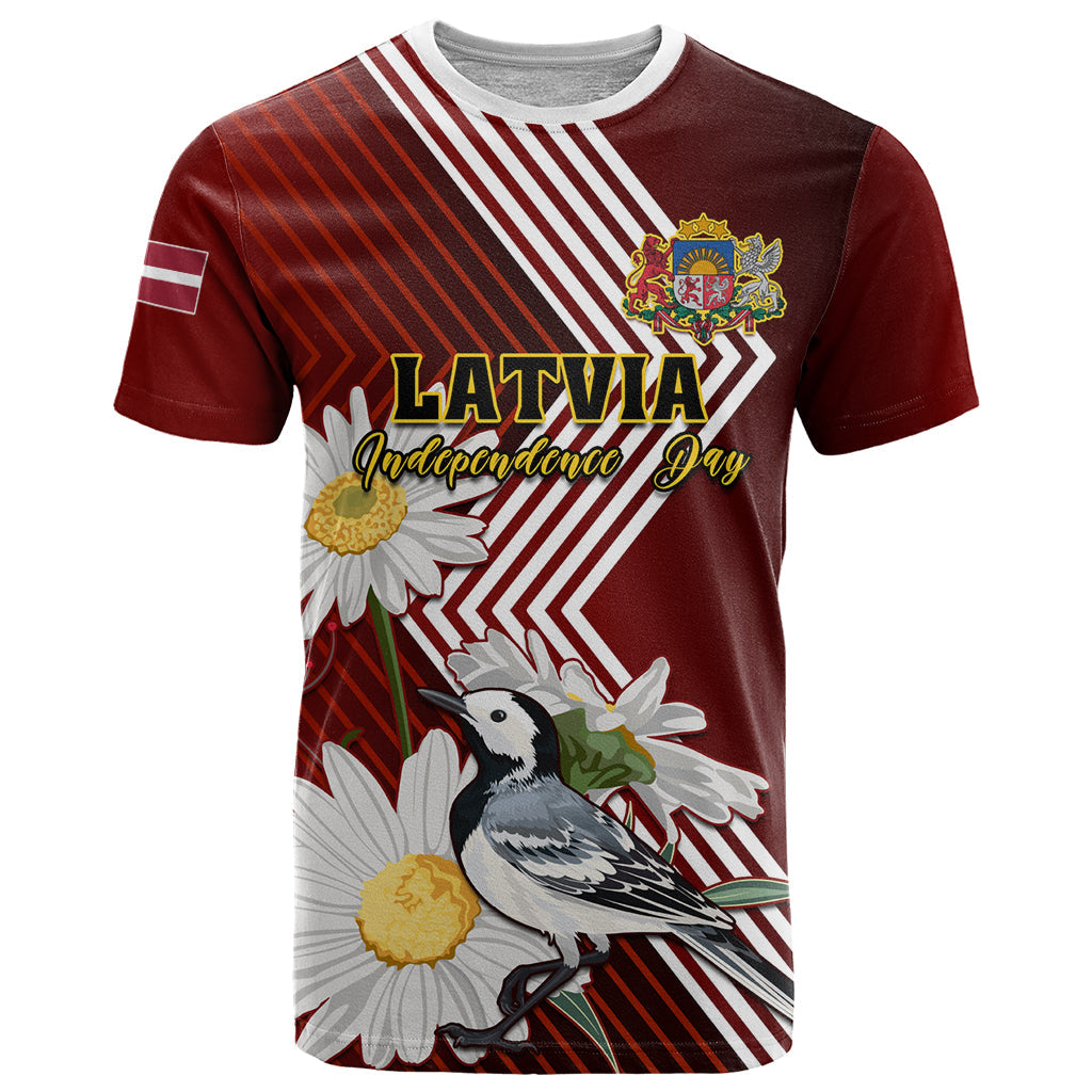 Latvia Independence Day T-Shirt Latvijas White Wagtail With Daisy Flowers Graphic Tee