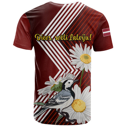 Latvia Independence Day T-Shirt Latvijas White Wagtail With Daisy Flowers Graphic Tee