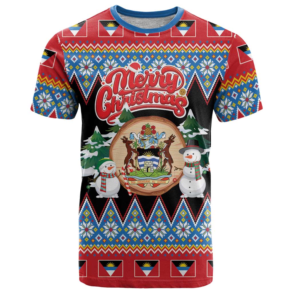 Personalized Antigua and Barbuda Christmas T-Shirt Coat Of Arms With Snowman Graphic Tee