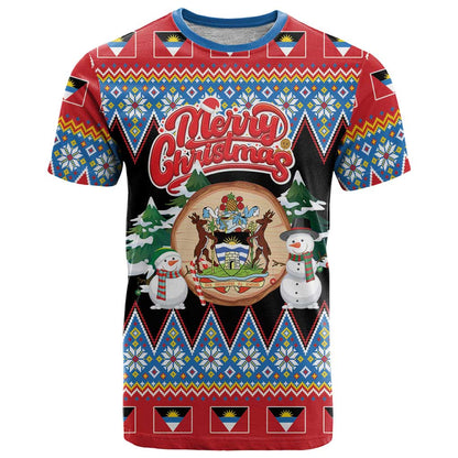 Personalized Antigua and Barbuda Christmas T-Shirt Coat Of Arms With Snowman Graphic Tee