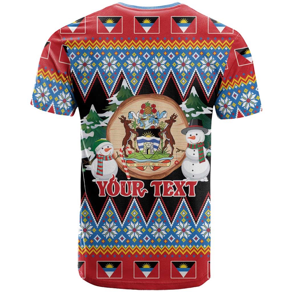 Personalized Antigua and Barbuda Christmas T-Shirt Coat Of Arms With Snowman Graphic Tee