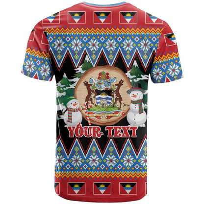 Personalized Antigua and Barbuda Christmas T-Shirt Coat Of Arms With Snowman Graphic Tee
