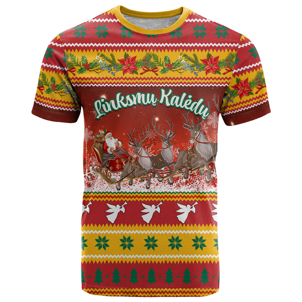 Custom Lithuania Christmas T-Shirt Lietuva Santa Claus With Reindeer Graphic Tee