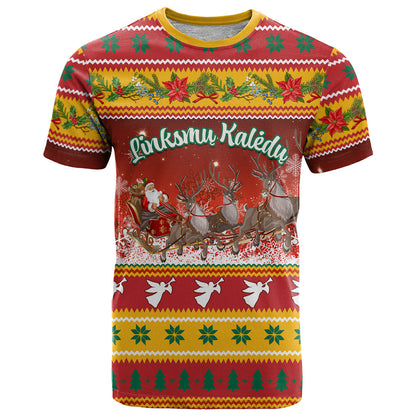 Custom Lithuania Christmas T-Shirt Lietuva Santa Claus With Reindeer Graphic Tee