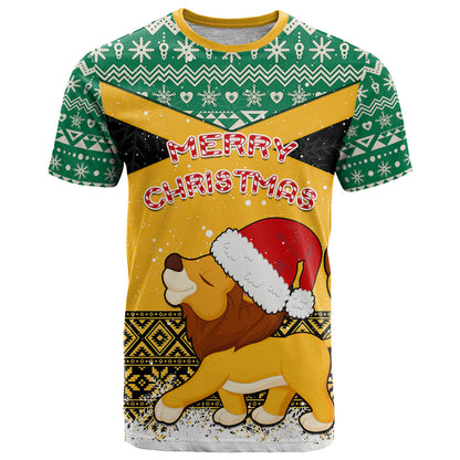Custom Jamaica Christmas T-Shirt Jumieka Santa Lion Graphic Tee