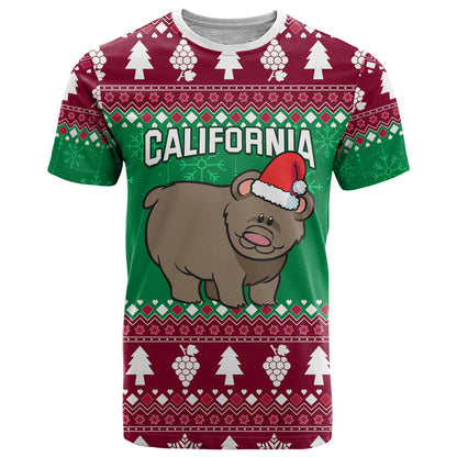 Custom California Christmas T-Shirt Santa Grizzly Bear With Grape Graphic Tee