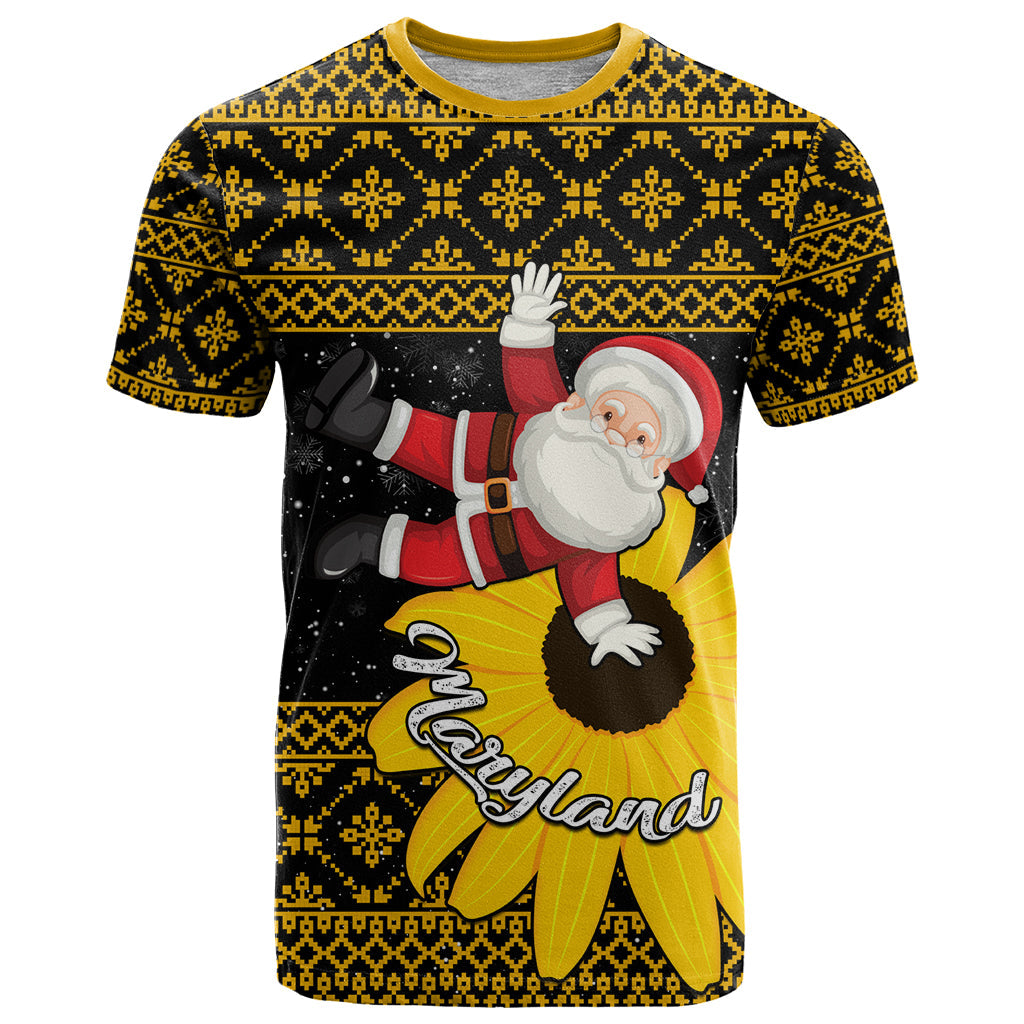 Maryland Christmas T-Shirt Santa Claus With Black Eyed Susan Flower Graphic Tee