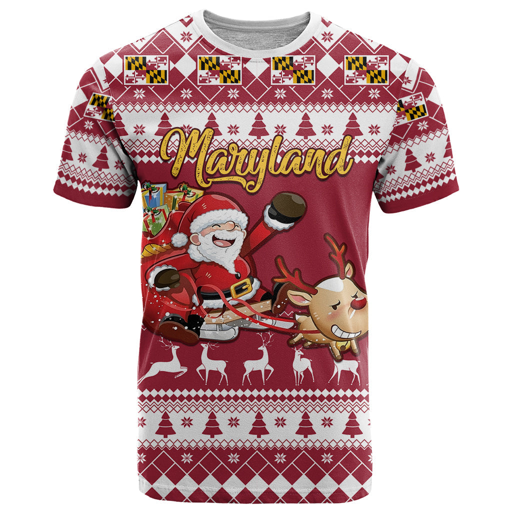 Custom Maryland Christmas T-Shirt Santa Claus Riding A Reindeer Graphic Tee