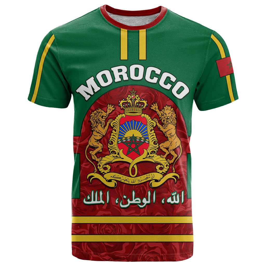 Morocco Proclamation Day T-Shirt Marruecos Coat of Arms Roses Pattern Graphic Tee