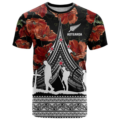 New Zealand ANZAC Day T-Shirt Poppy With Polynesian Pattern Graphic Tee