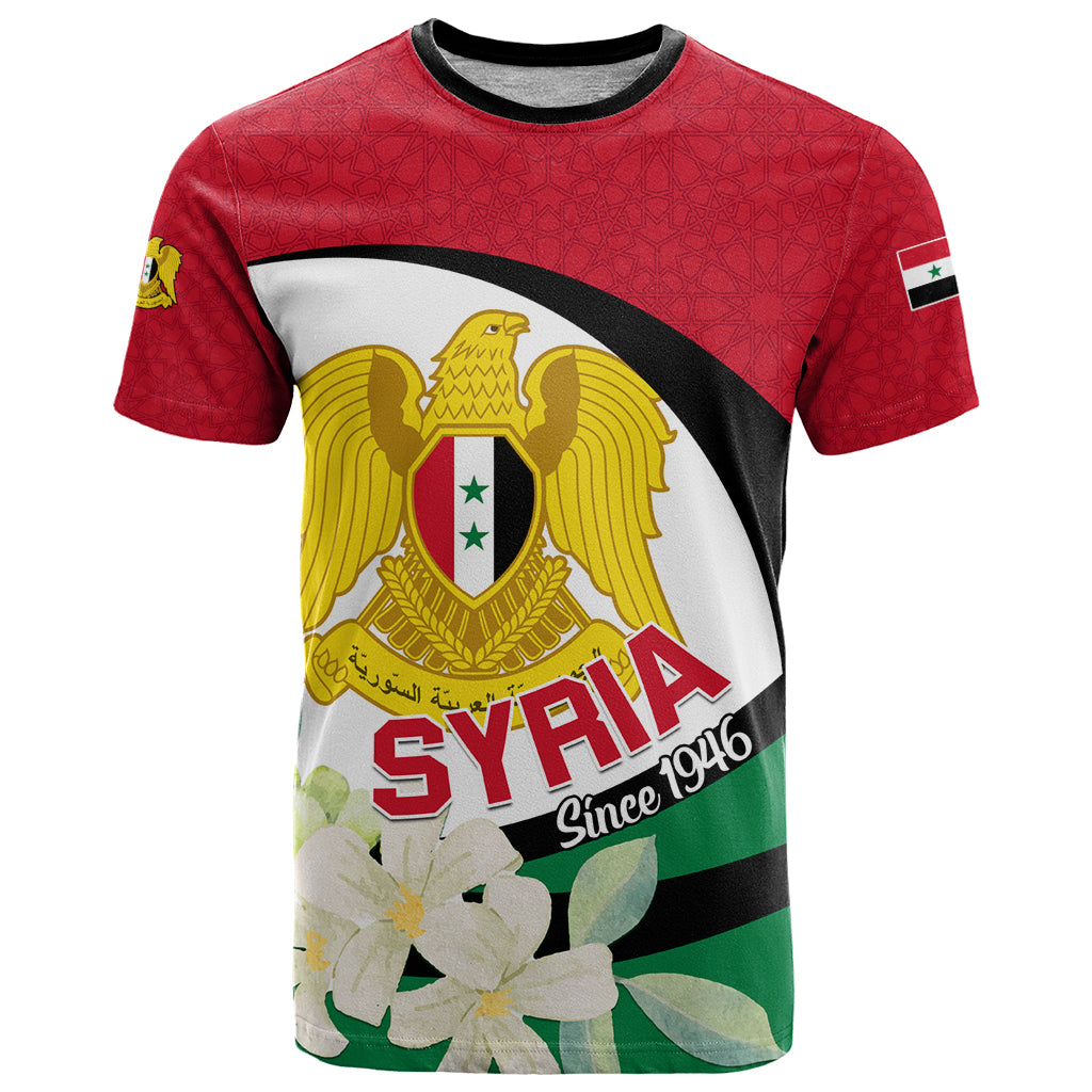 Syria Independence Day T-Shirt Syrian Coat Of Arms With Jasmine Flower Graphic Tee