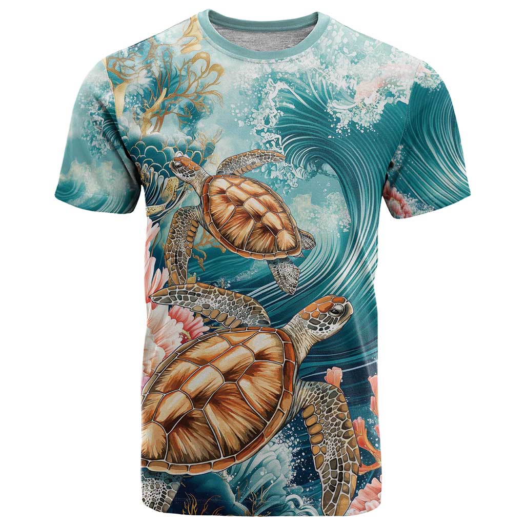 Personalized Caribbean Sea Turtle T-Shirt Fantastic Ocean Waves Graphic Tee