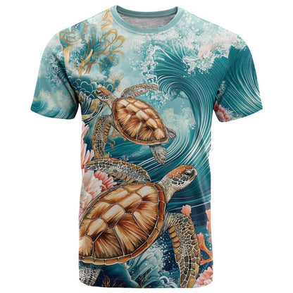 Personalized Caribbean Sea Turtle T-Shirt Fantastic Ocean Waves Graphic Tee