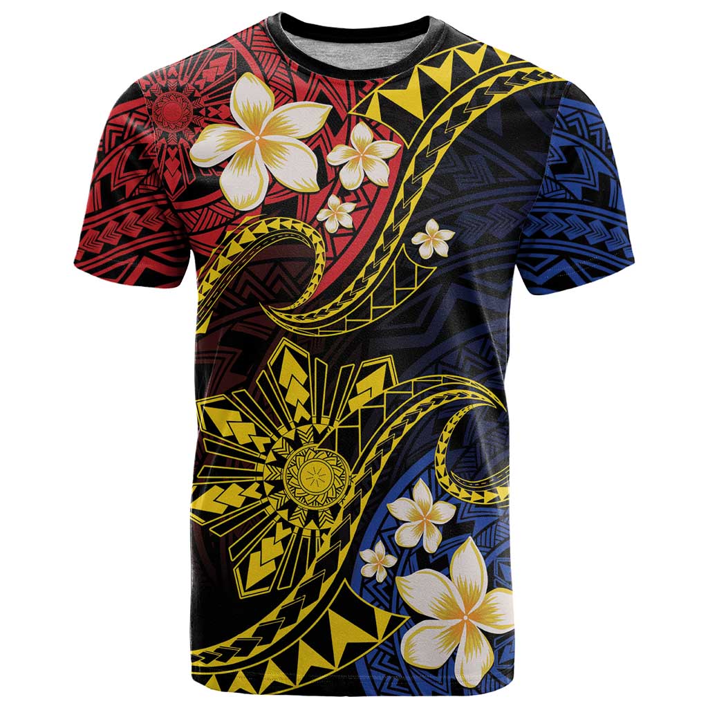Philippines Spirit Tribal Sun Plumeria T-Shirt Red And Blue Polynesian Pattern Graphic Tee