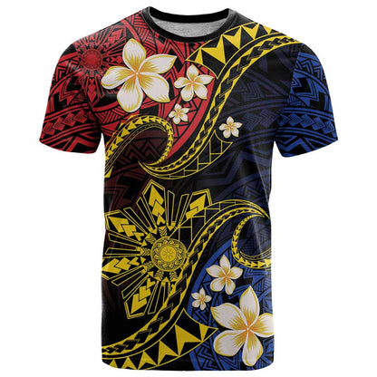 Philippines Spirit Tribal Sun Plumeria T-Shirt Red And Blue Polynesian Pattern Graphic Tee