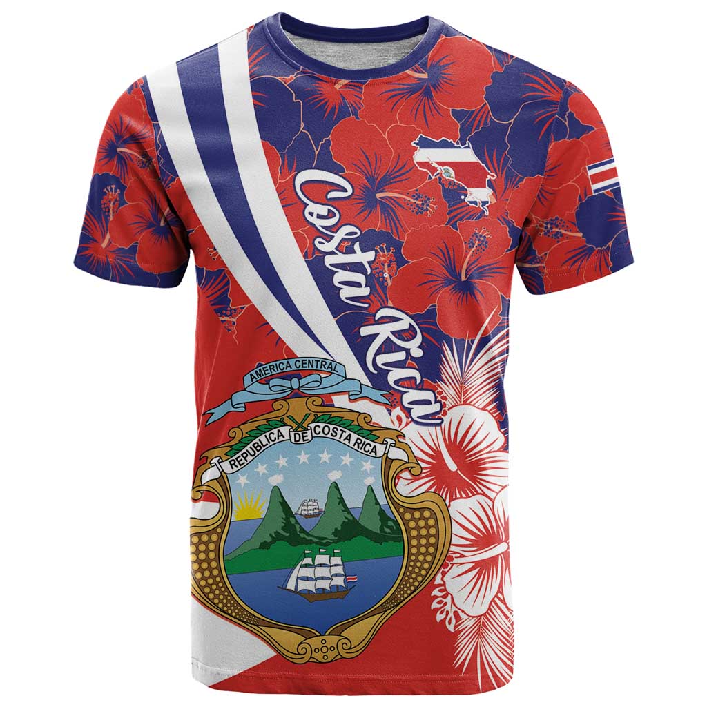 Costa Rica T-Shirt Coat of Arms Hibiscus Pattern Graphic Tee