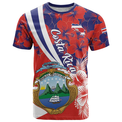 Costa Rica T-Shirt Coat of Arms Hibiscus Pattern Graphic Tee