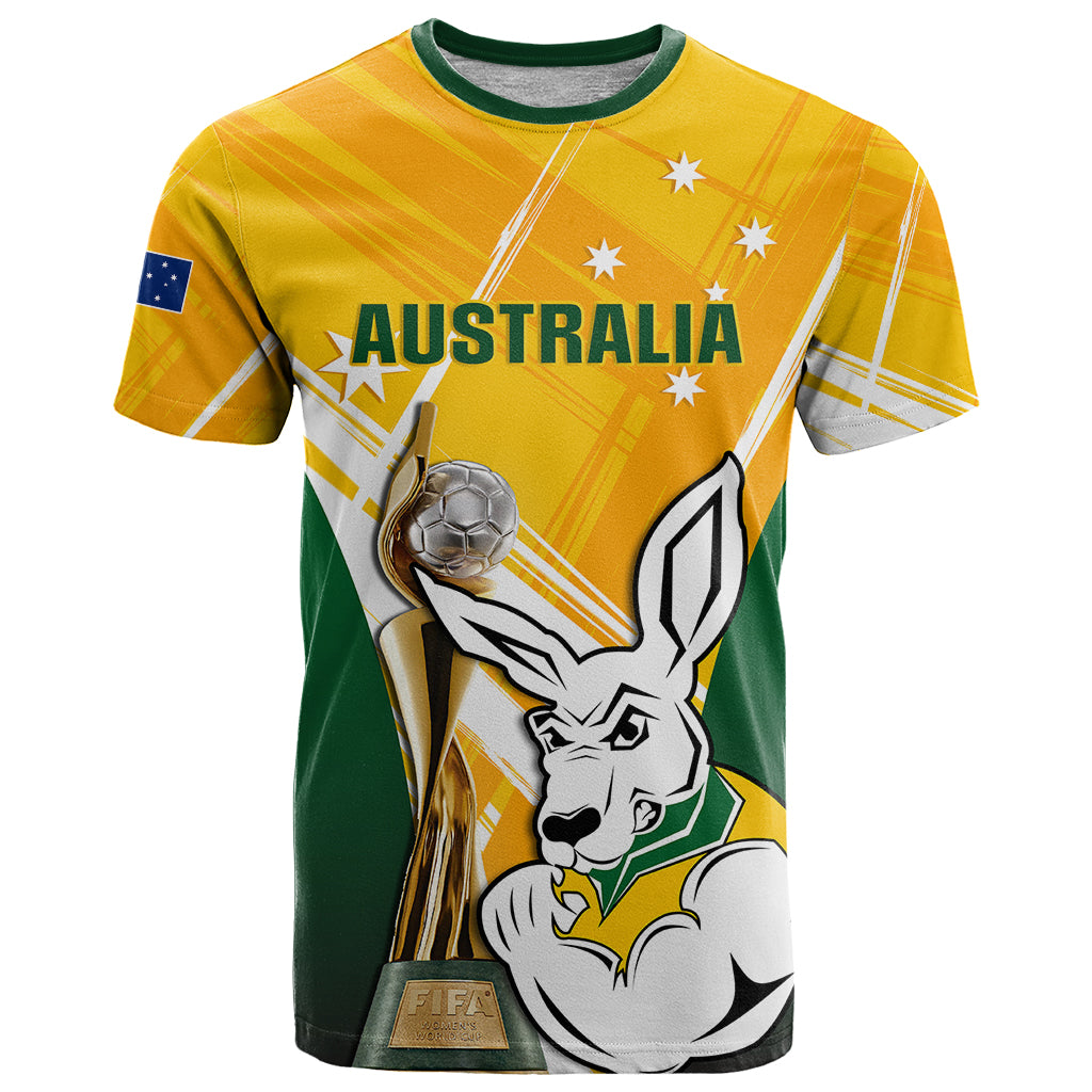 Custom Australia Soccer T-Shirt Matildas Kangaroo With World Cup Trophy Yellow Version Graphic Tee